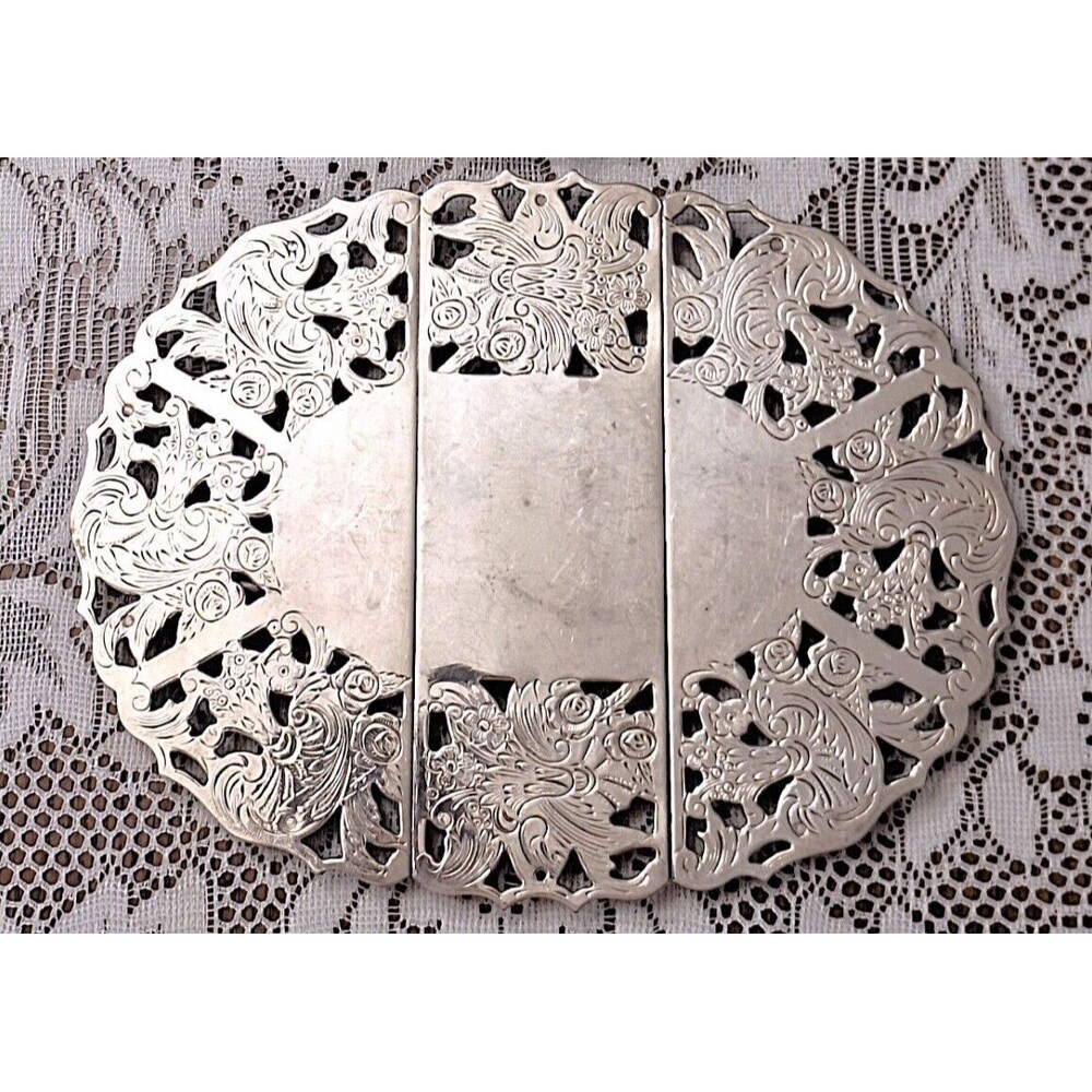 Vintage Raimond Ornate Silver Plate Footed Expandable Metal Trivet 11"x 7.5"